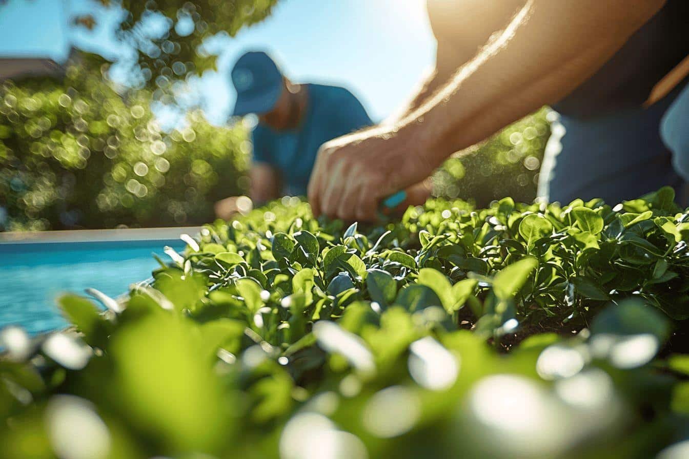 Main cultivant des pousses vertes près d'un bassin bleu
