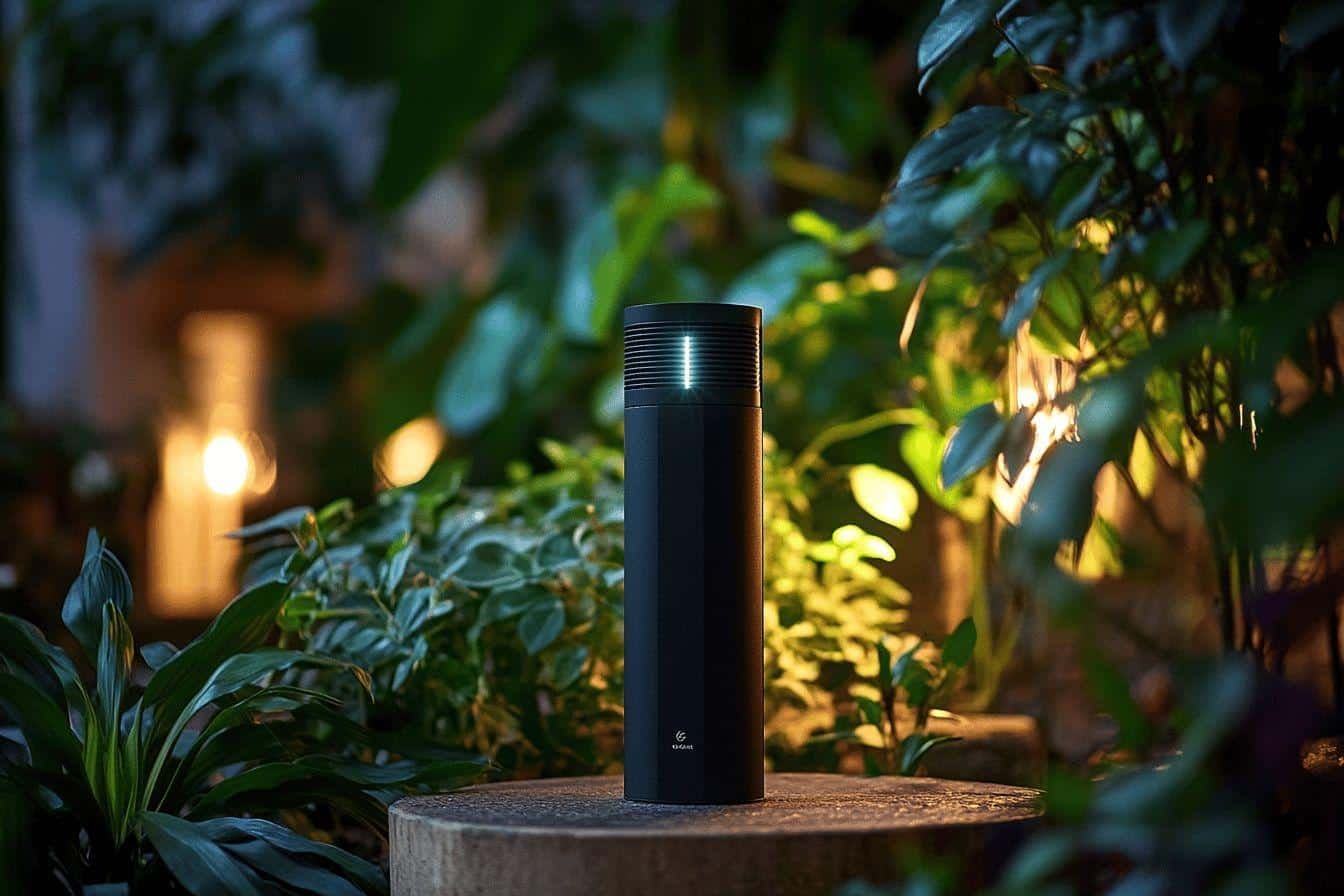 Lanterne cylindrique noire illuminée dans un jardin verdoyant