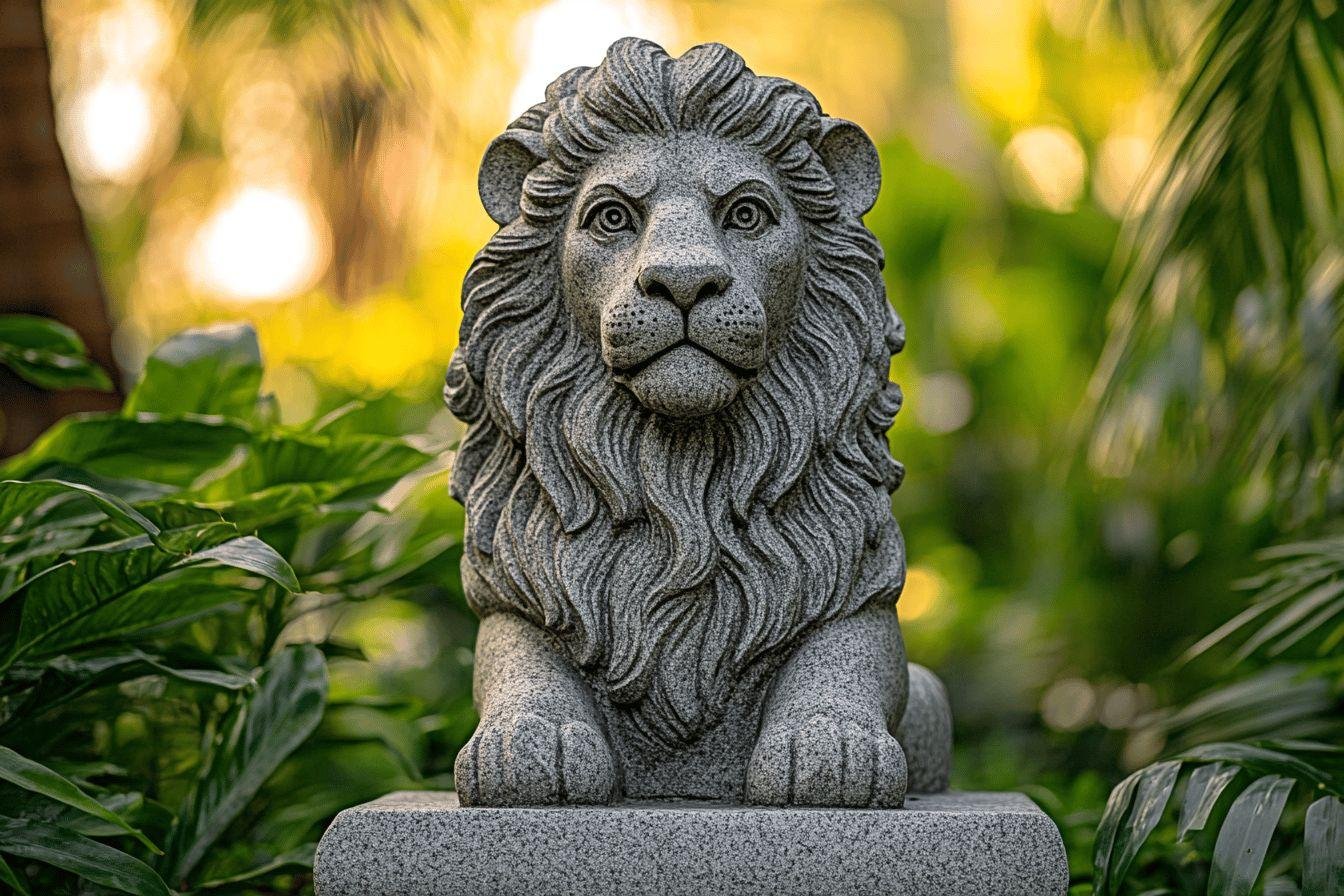 Statue de lion en pierre dans un jardin verdoyant