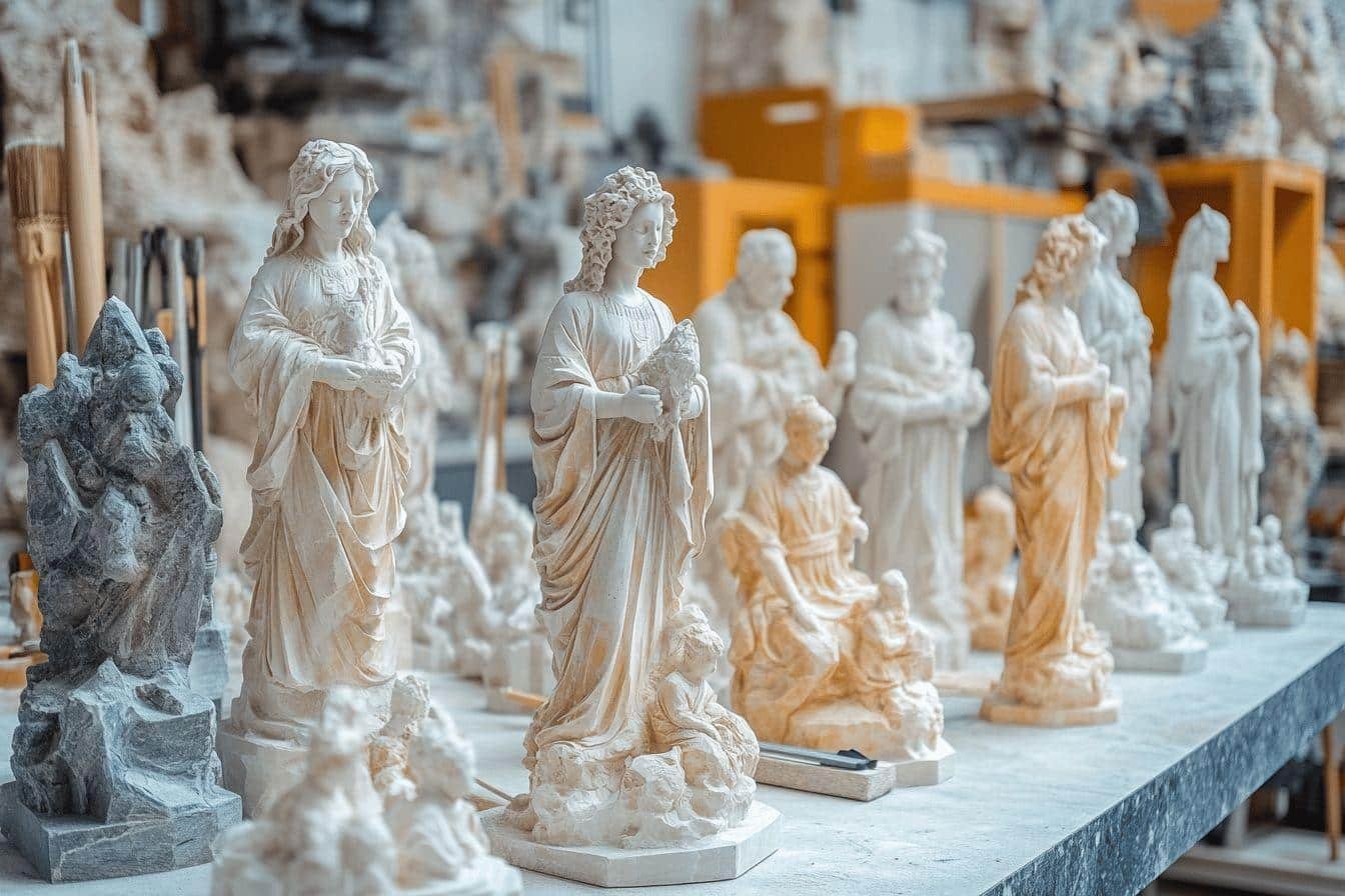 Sculptures blanches et grises de figures saintes sur établi